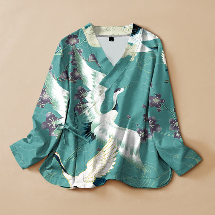 Buddha Stones Cotton White Crane Floral Print Hanfu Style Wrap V-Neck Lace-up Women's Long Sleeve Shirts Kimono - Turquoise - US16，UK/AU20，EU48 (3XL) - image 7