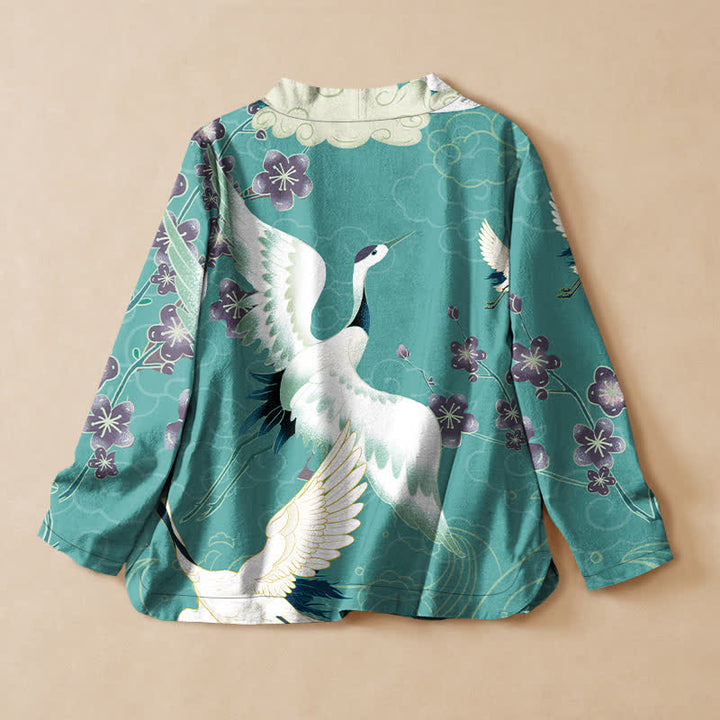 Buddha Stones Cotton White Crane Floral Print Hanfu Style Wrap V-Neck Lace-up Women's Long Sleeve Shirts Kimono - image 8