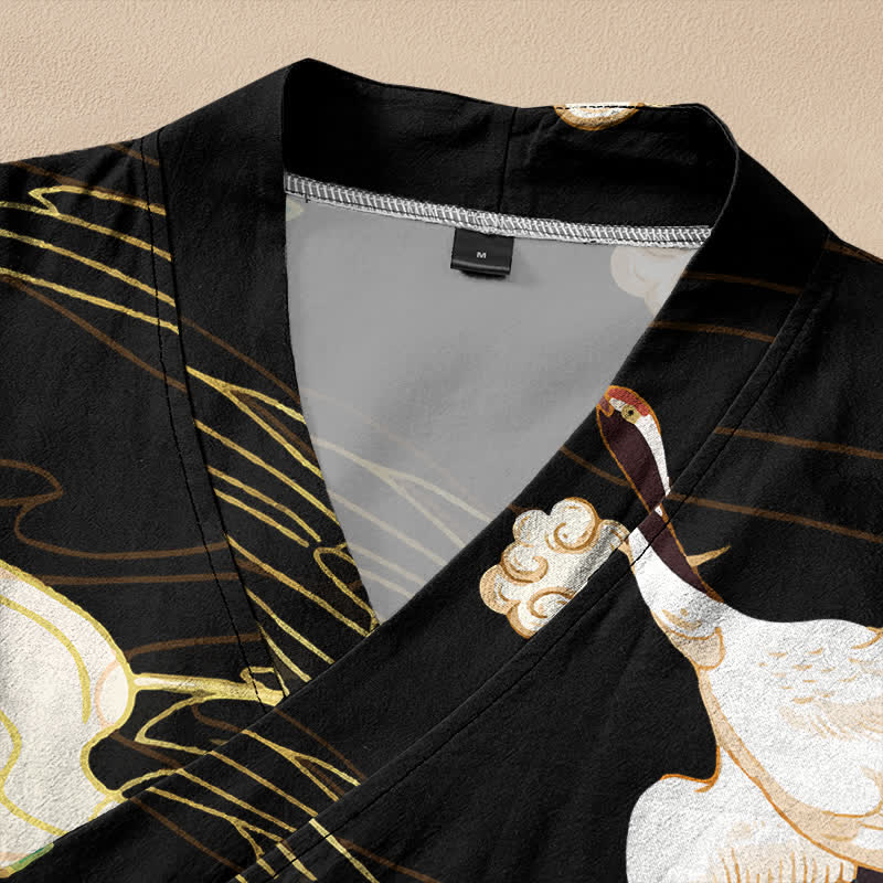 Buddha Stones Cotton Oriental Crane Cloud Print Wrap V-Neck Lace-up Women's Long Sleeve Shirts Kimono - image 2