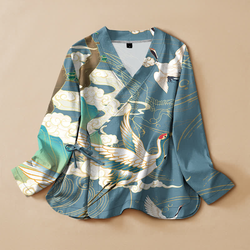 Buddha Stones Cotton Oriental Crane Cloud Print Wrap V-Neck Lace-up Women's Long Sleeve Shirts Kimono - CadetBlue - US16，UK/AU20，EU48 (3XL) - image 5