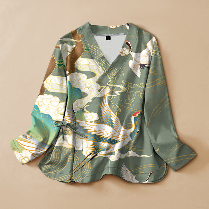 Buddha Stones Cotton Oriental Crane Cloud Print Wrap V-Neck Lace-up Women's Long Sleeve Shirts Kimono - DarkSeaGreen - US16，UK/AU20，EU48 (3XL) - image 7