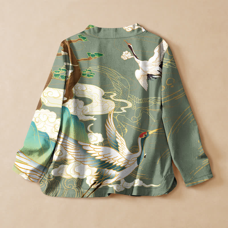 Buddha Stones Cotton Oriental Crane Cloud Print Wrap V-Neck Lace-up Women's Long Sleeve Shirts Kimono - image 8