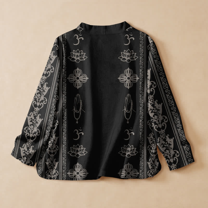 Buddha Stones Cotton Lotus Om Print Hanfu Style Wrap V-Neck Lace-up Women's Long Sleeve Shirts Kimono - image 1