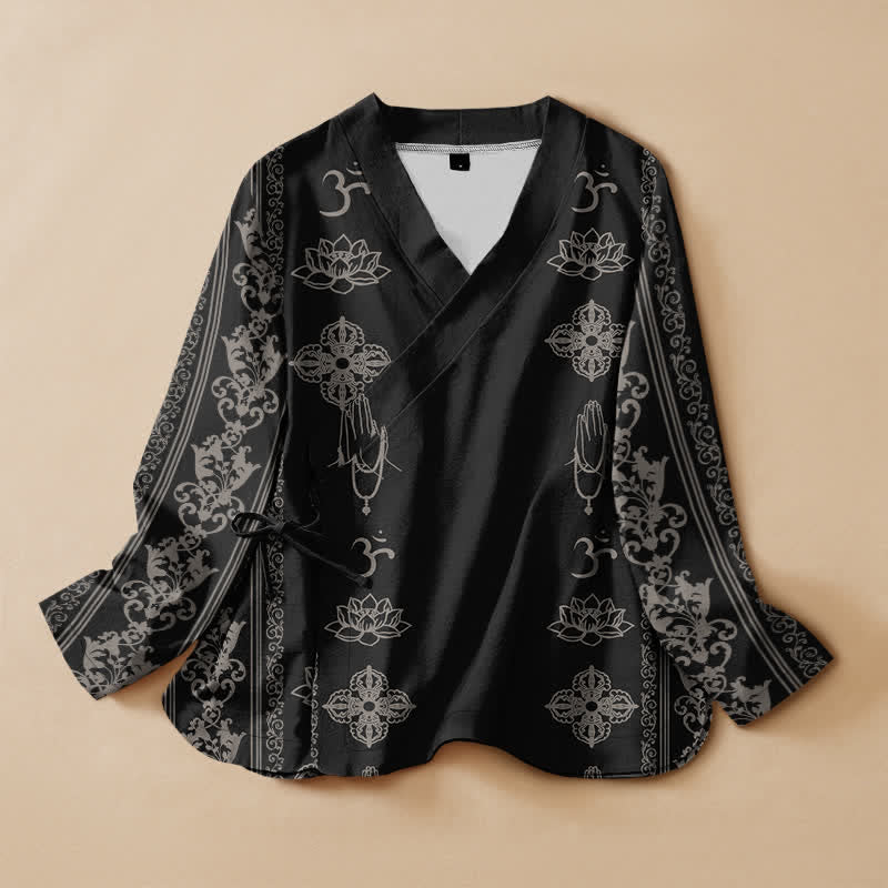 Buddha Stones Cotton Lotus Om Print Hanfu Style Wrap V-Neck Lace-up Women's Long Sleeve Shirts Kimono - Black - US16，UK/AU20，EU48 (3XL) - image 0