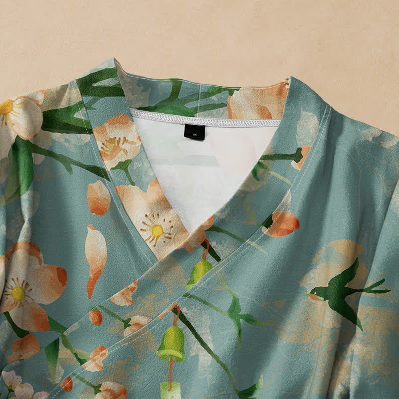 Buddha Stones Cotton Cherry Blossom Bird Print Hanfu Style Wrap V-Neck Lace-up Women's Long Sleeve Shirts Kimono - image 2