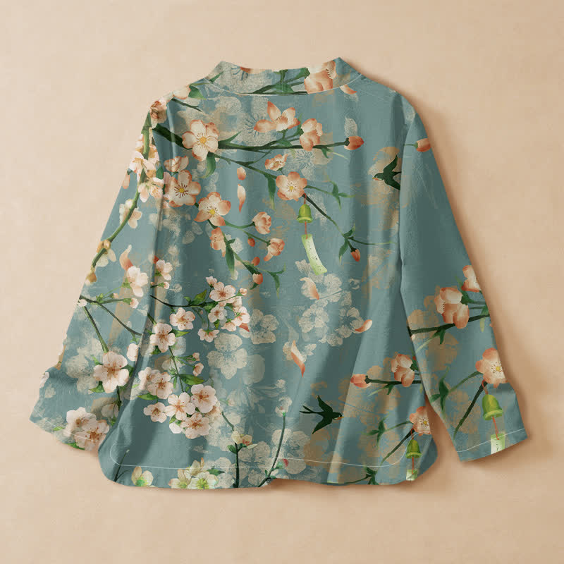 Buddha Stones Cotton Cherry Blossom Bird Print Hanfu Style Wrap V-Neck Lace-up Women's Long Sleeve Shirts Kimono - image 1