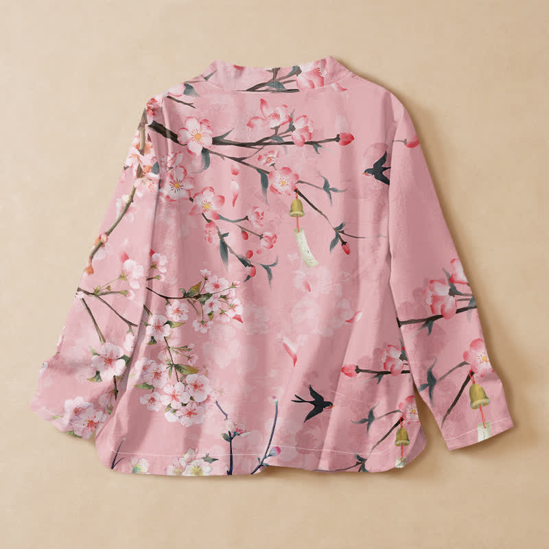 Buddha Stones Cotton Cherry Blossom Bird Print Hanfu Style Wrap V-Neck Lace-up Women's Long Sleeve Shirts Kimono - image 6