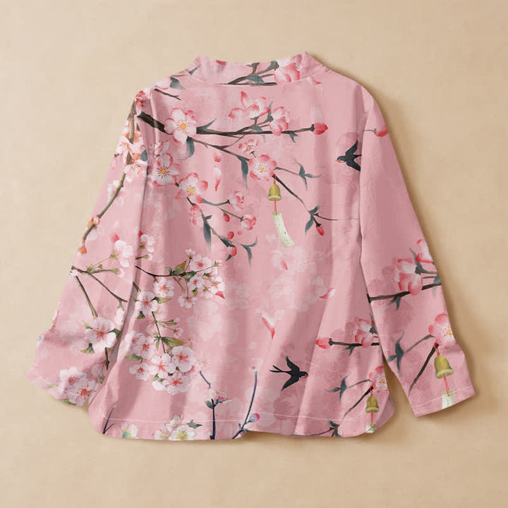Buddha Stones Cotton Cherry Blossom Bird Print Hanfu Style Wrap V-Neck Lace-up Women's Long Sleeve Shirts Kimono - image 6