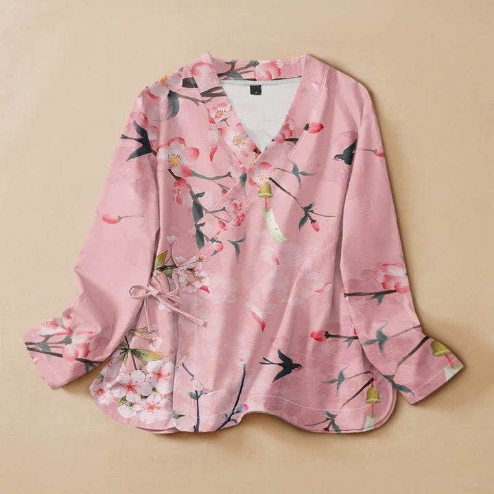 Buddha Stones Cotton Cherry Blossom Bird Print Hanfu Style Wrap V-Neck Lace-up Women's Long Sleeve Shirts Kimono - Pink - US16，UK/AU20，EU48 (3XL) - image 5