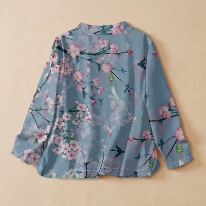 Buddha Stones Cotton Cherry Blossom Bird Print Hanfu Style Wrap V-Neck Lace-up Women's Long Sleeve Shirts Kimono - image 8