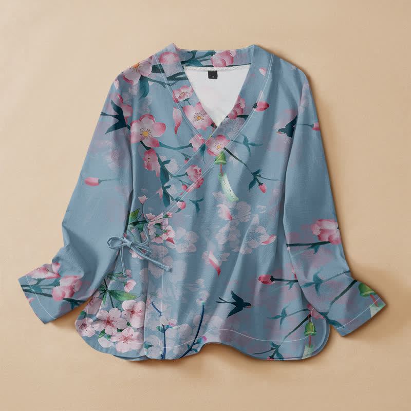 Buddha Stones Cotton Cherry Blossom Bird Print Hanfu Style Wrap V-Neck Lace-up Women's Long Sleeve Shirts Kimono - LightSkyBlue - US16，UK/AU20，EU48 (3XL) - image 7