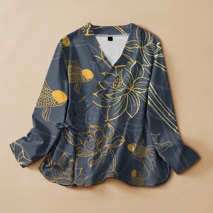 Buddha Stones Cotton Lotus Flower Fish Print Wrap V-Neck Lace-up Women's Long Sleeve Shirts Kimono - SlateGray - US16，UK/AU20，EU48 (3XL) - image 5