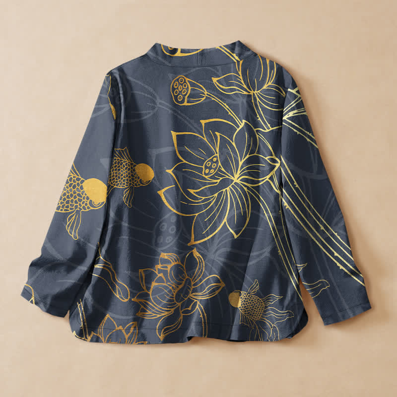Buddha Stones Cotton Lotus Flower Fish Print Wrap V-Neck Lace-up Women's Long Sleeve Shirts Kimono - image 6
