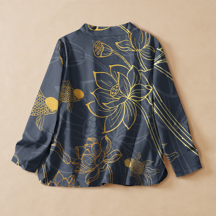 Buddha Stones Cotton Lotus Flower Fish Print Wrap V-Neck Lace-up Women's Long Sleeve Shirts Kimono - image 6