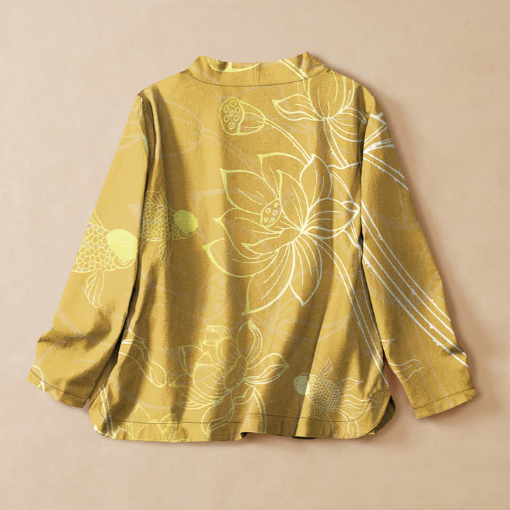 Buddha Stones Cotton Lotus Flower Fish Print Wrap V-Neck Lace-up Women's Long Sleeve Shirts Kimono - image 8