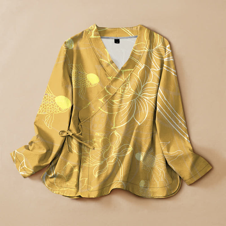 Buddha Stones Cotton Lotus Flower Fish Print Wrap V-Neck Lace-up Women's Long Sleeve Shirts Kimono - Gold - US16，UK/AU20，EU48 (3XL) - image 7