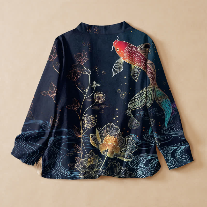 Buddha Stones Cotton Lotus Pond Koi Print Wrap V-Neck Lace-up Women's Long Sleeve Shirts Kimono - image 1
