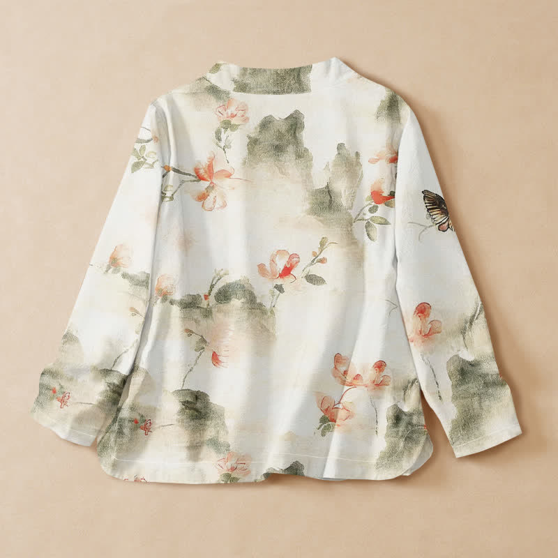 Buddha Stones Cotton Butterfly Floral Print Hanfu Style Wrap V-Neck Lace-up Women's Long Sleeve Shirts Kimono - image 1