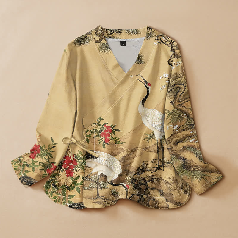 Buddha Stones Cotton Crane Pine Blossom Print Hanfu Style Wrap V-Neck Lace-up Women's Long Sleeve Shirts Kimono - Goldenrod - US16，UK/AU20，EU48 (3XL) - image 0