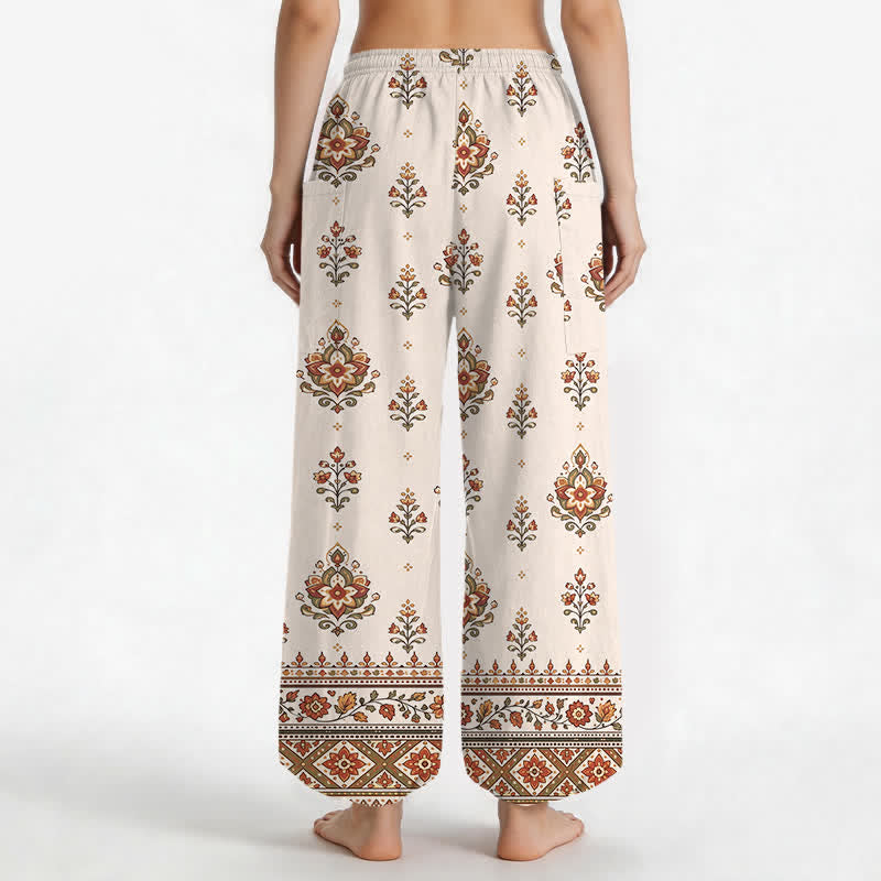 Buddha Stones Cotton Bohemian Ethnic Floral Pattern Women's Elastic Waist Harem Pants With Side Pockets - image 2