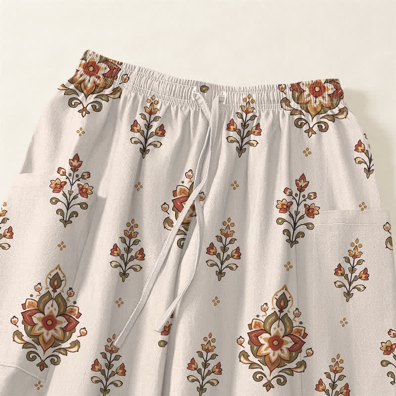 Buddha Stones Cotton Bohemian Ethnic Floral Pattern Women's Elastic Waist Harem Pants With Side Pockets - image 5