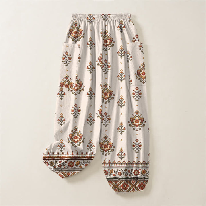 Buddha Stones Cotton Bohemian Ethnic Floral Pattern Women's Elastic Waist Harem Pants With Side Pockets - image 4
