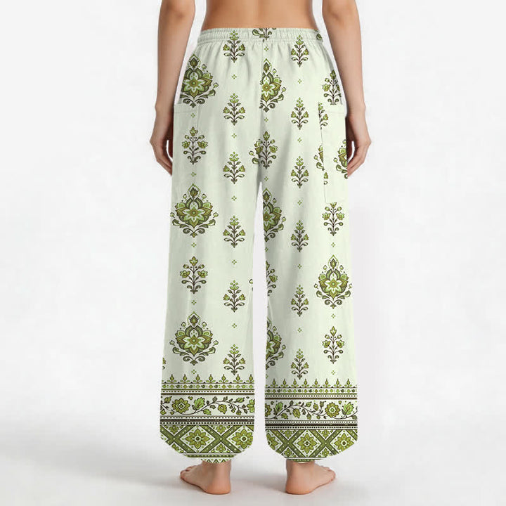 Buddha Stones Cotton Bohemian Ethnic Floral Pattern Women's Elastic Waist Harem Pants With Side Pockets - image 9