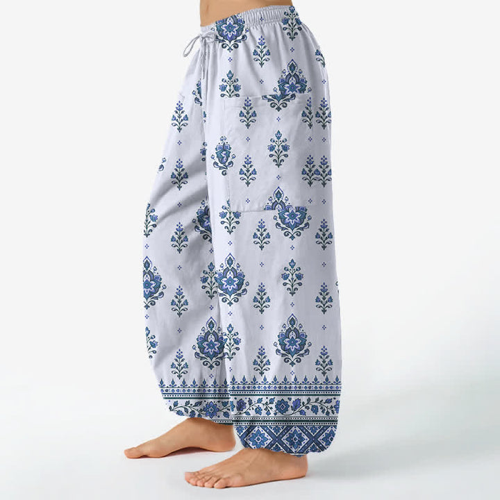 Buddha Stones Cotton Bohemian Ethnic Floral Pattern Women's Elastic Waist Harem Pants With Side Pockets - image 11