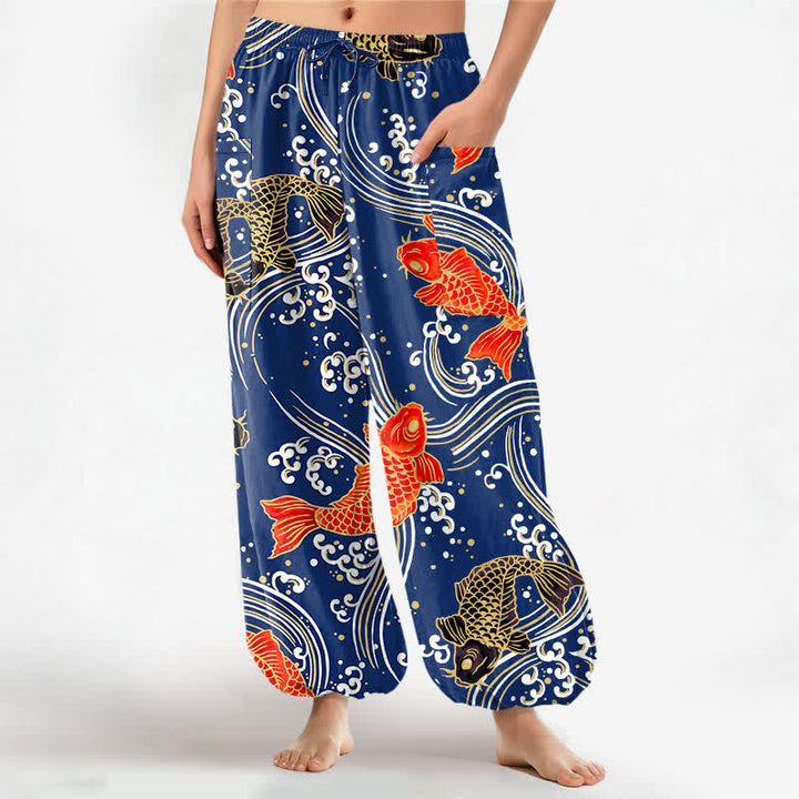Buddha Stones Cotton Koi Wave Pattern Women's Elastic Waist Harem Pants With Side Pockets - Navy - US16，UK/AU20，EU48 (3XL) - image 0