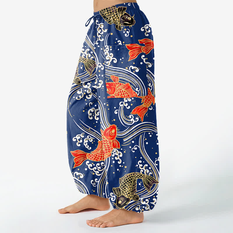 Buddha Stones Cotton Koi Wave Pattern Women's Elastic Waist Harem Pants With Side Pockets - image 1