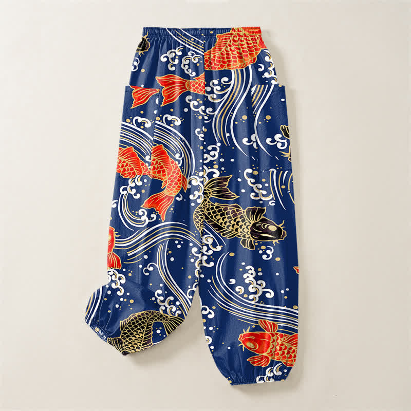 Buddha Stones Cotton Koi Wave Pattern Women's Elastic Waist Harem Pants With Side Pockets - image 4