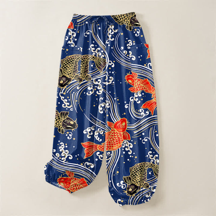 Buddha Stones Cotton Koi Wave Pattern Women's Elastic Waist Harem Pants With Side Pockets - image 3