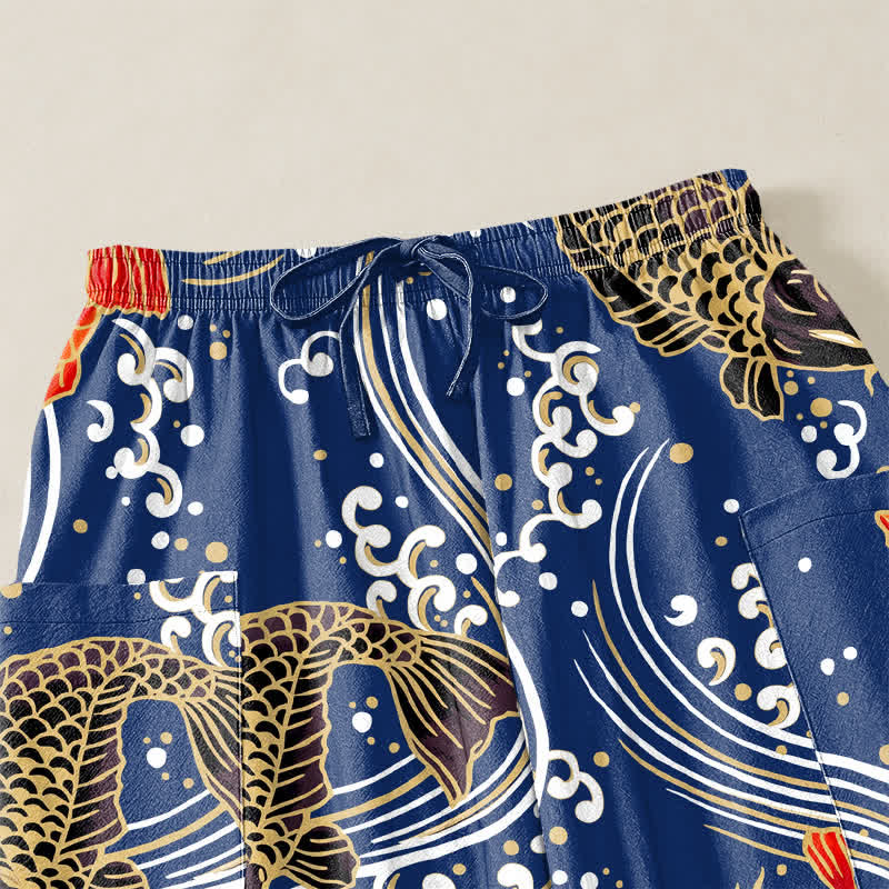Buddha Stones Cotton Koi Wave Pattern Women's Elastic Waist Harem Pants With Side Pockets - image 5
