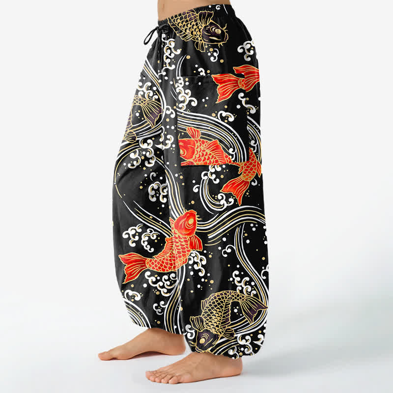 Buddha Stones Cotton Koi Wave Pattern Women's Elastic Waist Harem Pants With Side Pockets - image 8