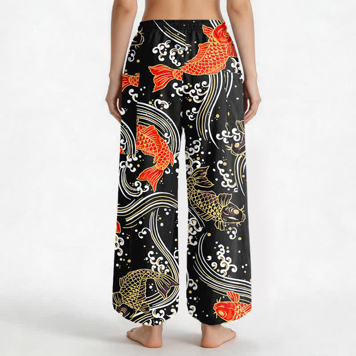 Buddha Stones Cotton Koi Wave Pattern Women's Elastic Waist Harem Pants With Side Pockets - image 9