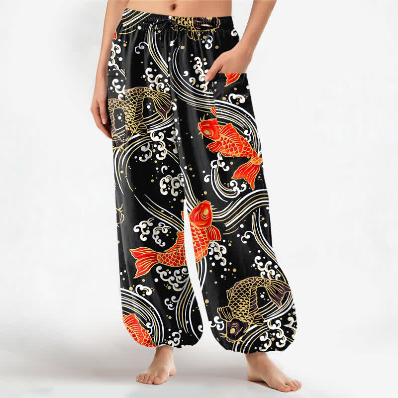 Buddha Stones Cotton Koi Wave Pattern Women's Elastic Waist Harem Pants With Side Pockets - Black - US16，UK/AU20，EU48 (3XL) - image 7
