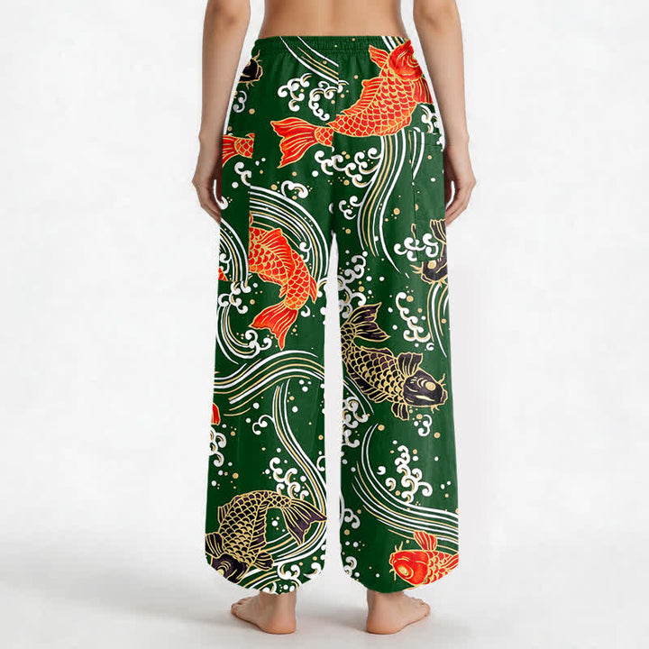 Buddha Stones Cotton Koi Wave Pattern Women's Elastic Waist Harem Pants With Side Pockets - image 12
