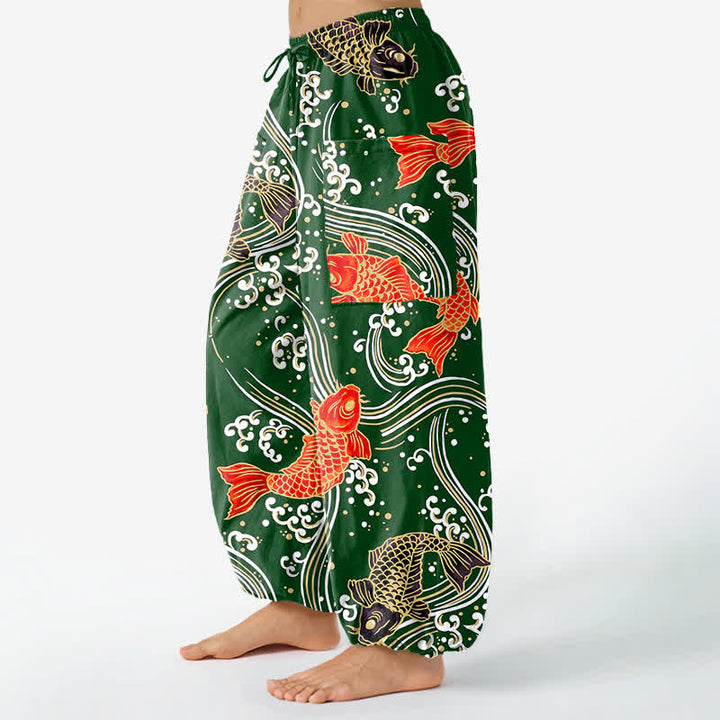 Buddha Stones Cotton Koi Wave Pattern Women's Elastic Waist Harem Pants With Side Pockets - image 11