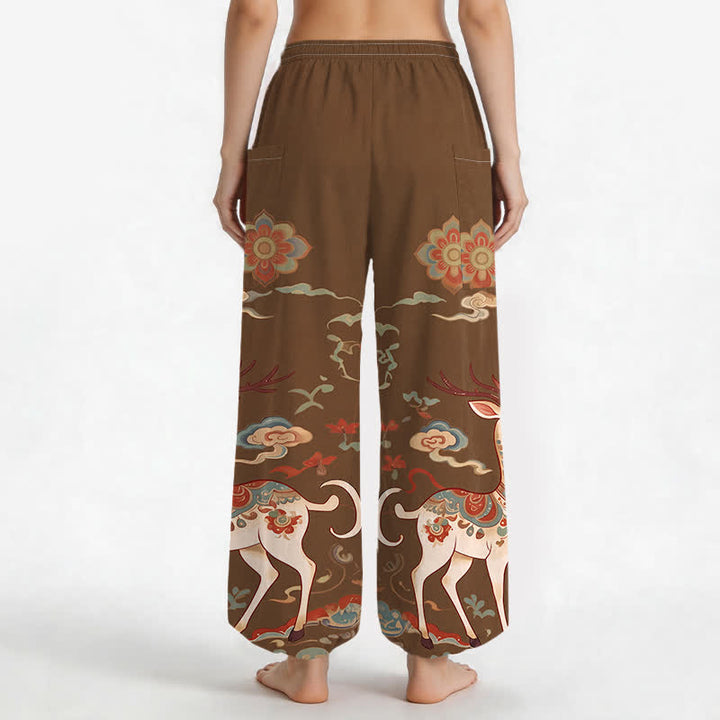 Buddha Stones Cotton Boho Deer Cloud Pattern Women's Elastic Waist Harem Pants With Side Pockets - image 2