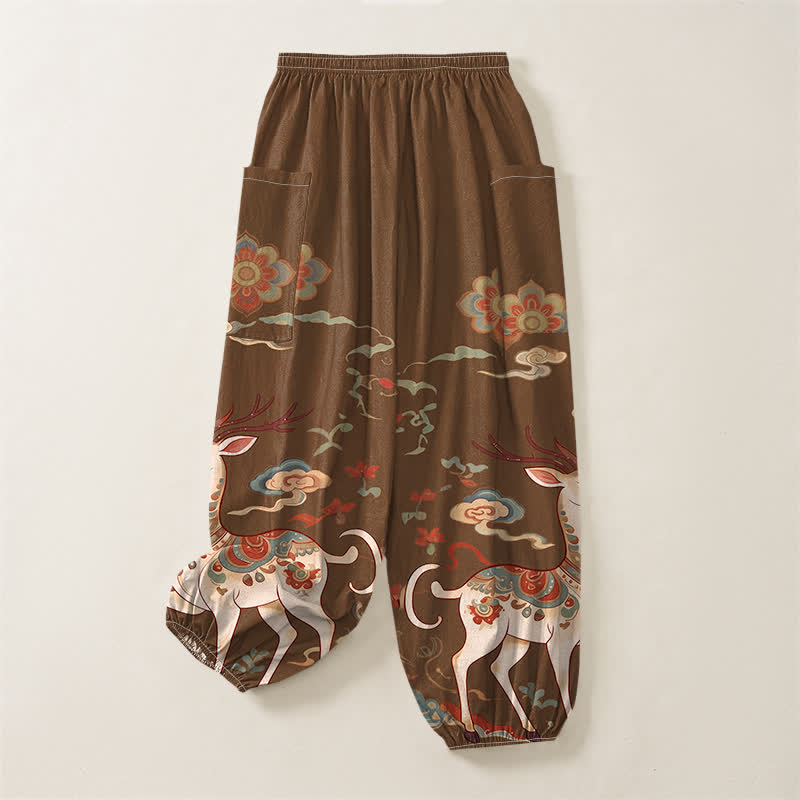 Buddha Stones Cotton Boho Deer Cloud Pattern Women's Elastic Waist Harem Pants With Side Pockets - image 4