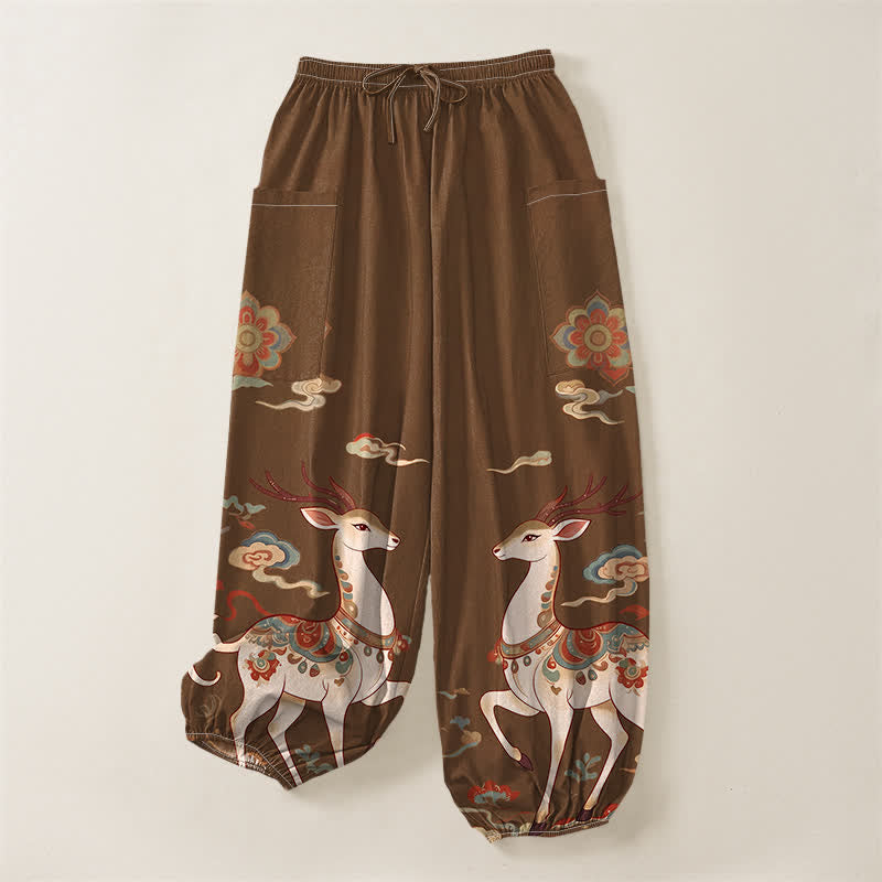 Buddha Stones Cotton Boho Deer Cloud Pattern Women's Elastic Waist Harem Pants With Side Pockets - image 3
