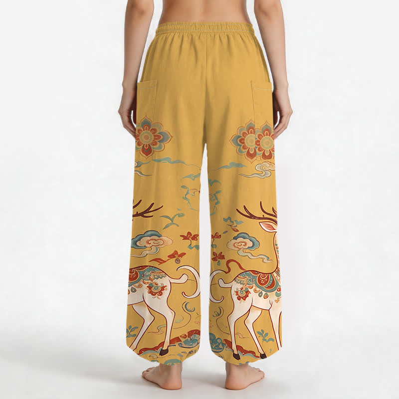 Buddha Stones Cotton Boho Deer Cloud Pattern Women's Elastic Waist Harem Pants With Side Pockets - image 9