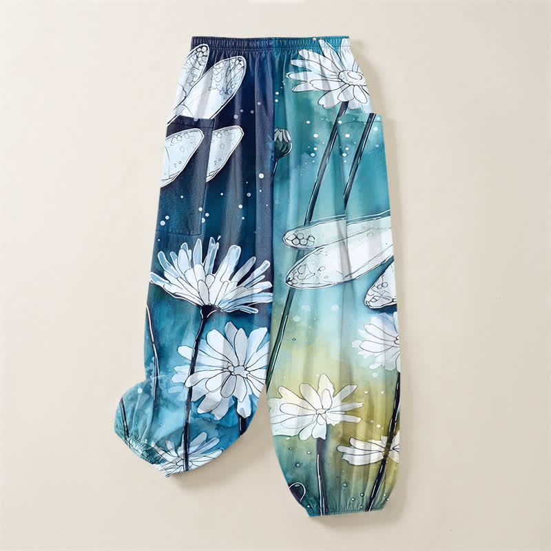 Buddha Stones Cotton Watercolor Dragonfly Daisy Pattern Women's Elastic Waist Harem Pants With Side Pockets - image 3