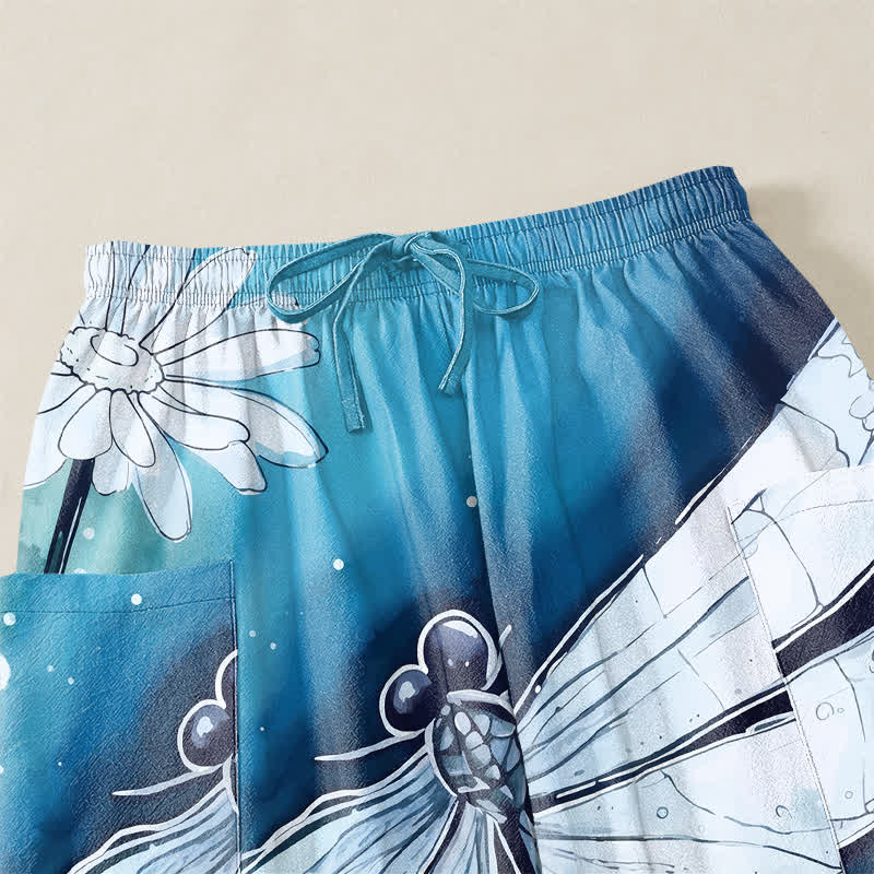 Buddha Stones Cotton Watercolor Dragonfly Daisy Pattern Women's Elastic Waist Harem Pants With Side Pockets - image 5