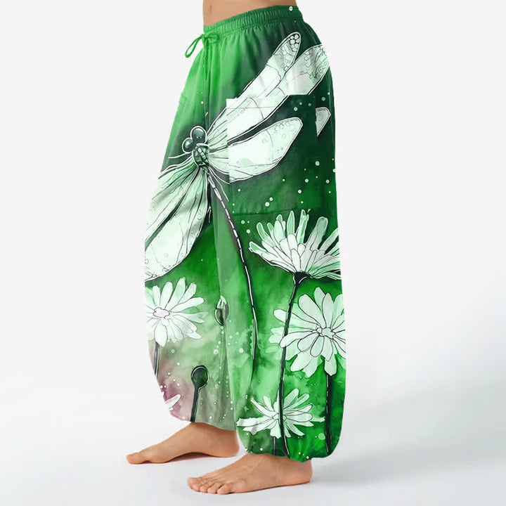 Buddha Stones Cotton Watercolor Dragonfly Daisy Pattern Women's Elastic Waist Harem Pants With Side Pockets - image 8