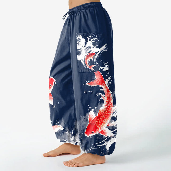 Buddha Stones Cotton Koi Fish Water Pattern Women's Elastic Waist Harem Pants With Side Pockets - image 1