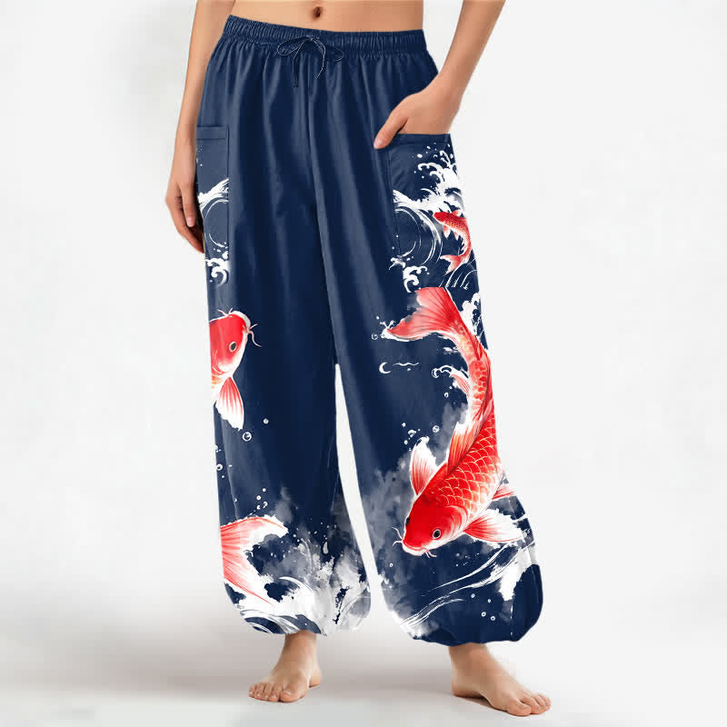Buddha Stones Cotton Koi Fish Water Pattern Women's Elastic Waist Harem Pants With Side Pockets - Navy - US16，UK/AU20，EU48 (3XL) - image 0