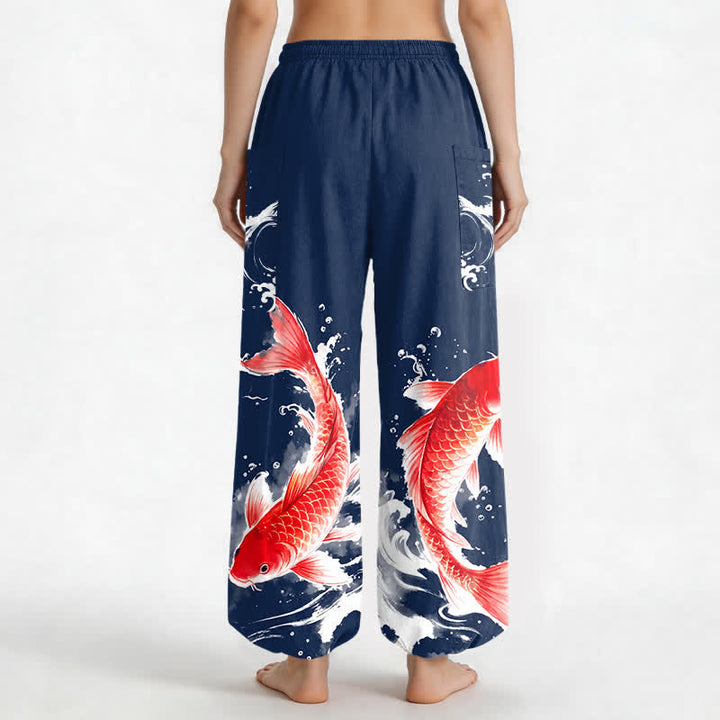 Buddha Stones Cotton Koi Fish Water Pattern Women's Elastic Waist Harem Pants With Side Pockets - image 2