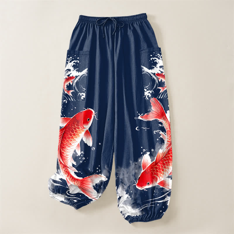 Buddha Stones Cotton Koi Fish Water Pattern Women's Elastic Waist Harem Pants With Side Pockets - image 3
