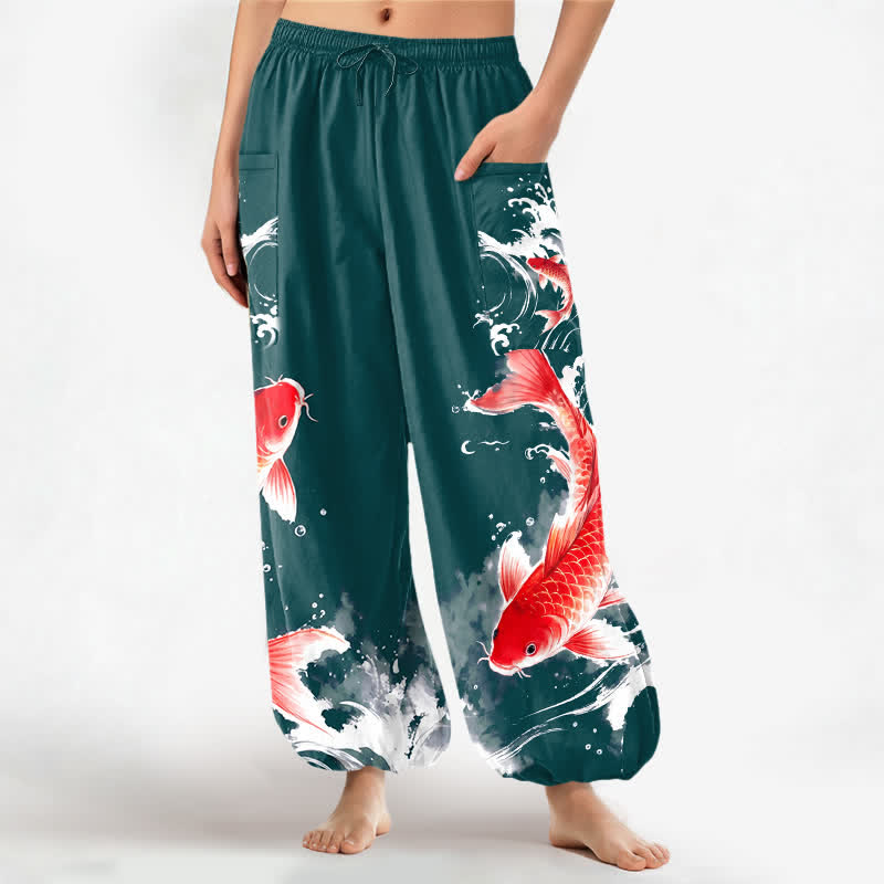 Buddha Stones Cotton Koi Fish Water Pattern Women's Elastic Waist Harem Pants With Side Pockets - Teal - US16，UK/AU20，EU48 (3XL) - image 7
